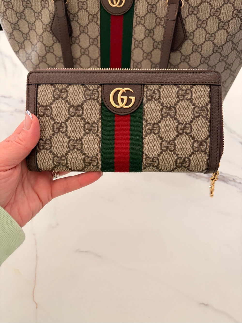 Gucci Beige GG Supreme Canvas Zip Around Wallet with Green and Red Web